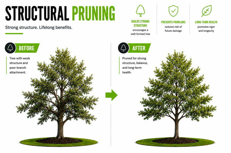 Structural-pruning | San Diego Tree Service | Tree Trimming | Tree Removal Infographic of a tree before and after pruning with a green arrow between and Before/After labels (tree health transformation).